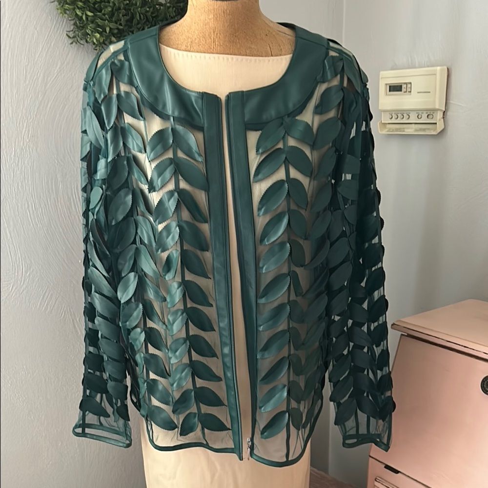 Teal Leaf Pattern Sheer Jacket - image 1